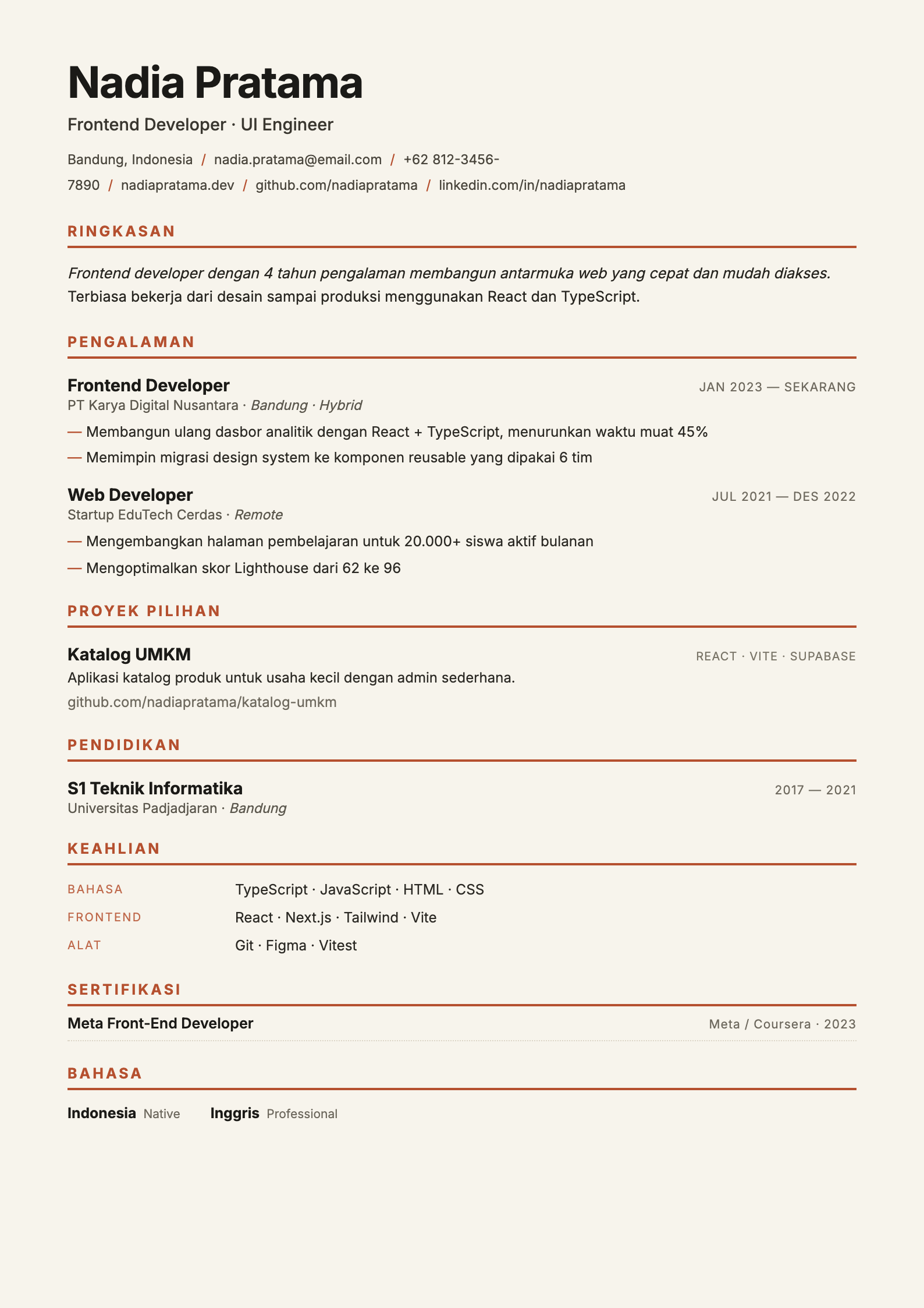Contoh CV ramah-ATS dari ResumeKita